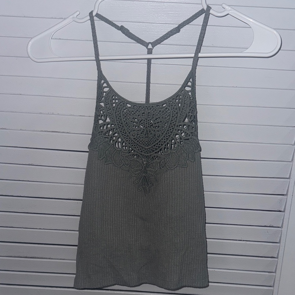 SO Olive Green Ribbed Lace Yoke Crop Cami